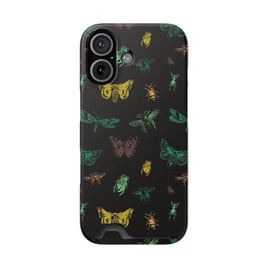 The cutest Phone Case With Card Holder | Black, handdrawn insects