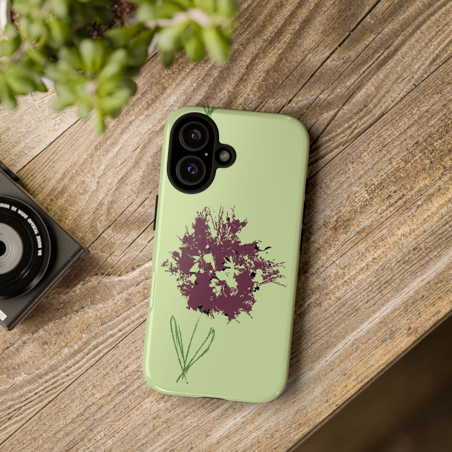 Light green phone case with artistic purple flower