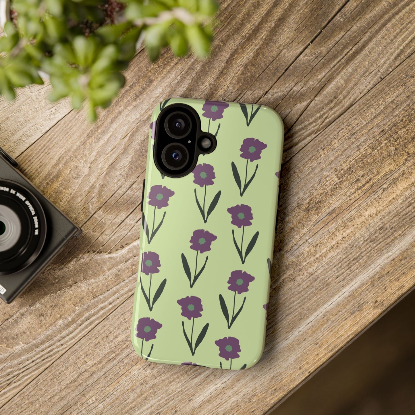Handdrawn Floral Phone Case, Protective Phone Cover, Vibrant Colors, Green Purple Flowers, Hand-Drawn Design