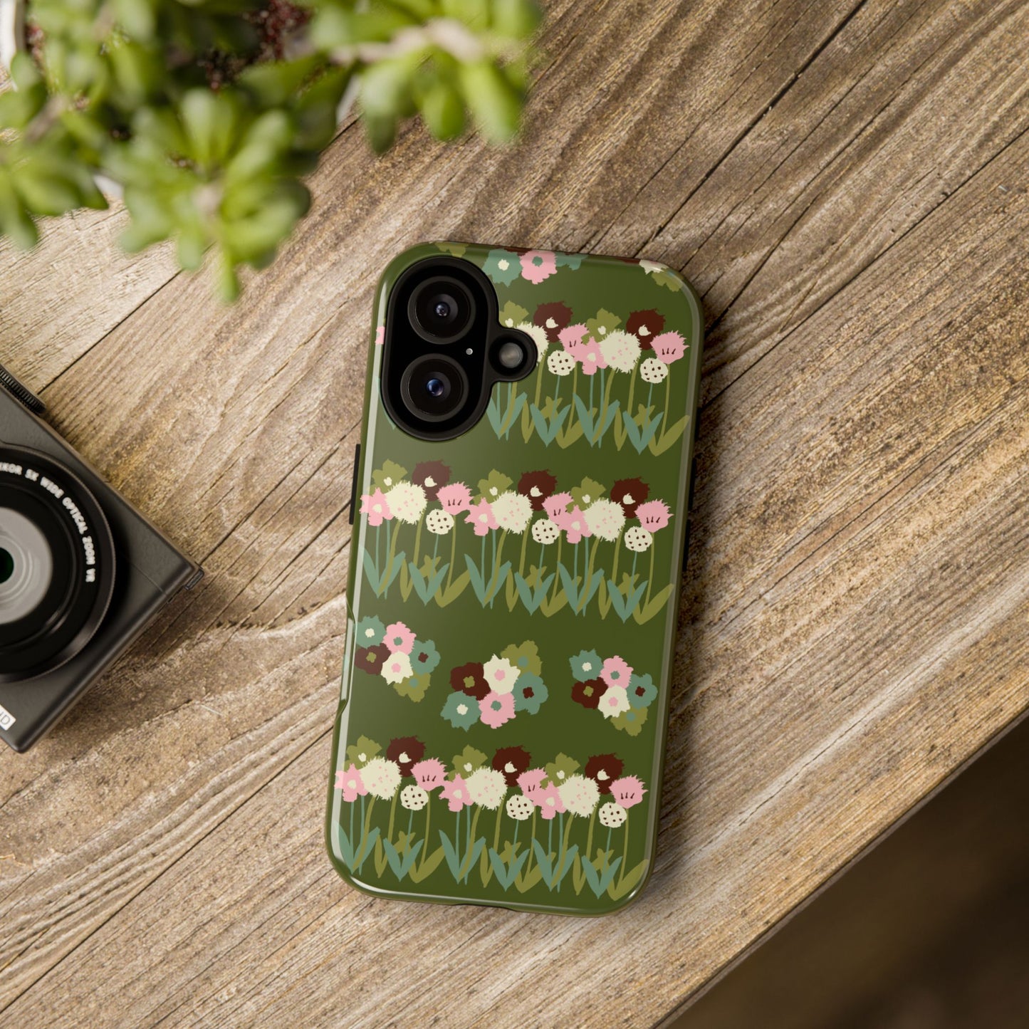 Dark Green Floral Phone Case, Quirky Gift for Her, Protective Cover, Unique Design, Trendy Accessories