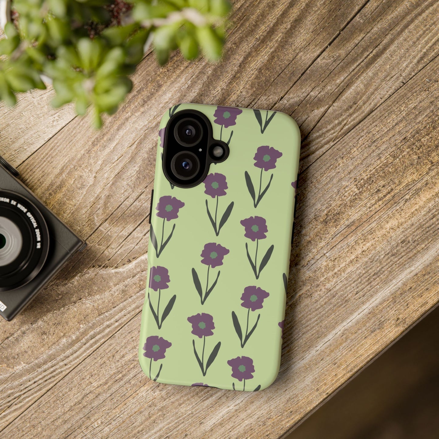 Handdrawn Floral Phone Case, Protective Phone Cover, Vibrant Colors, Green Purple Flowers, Hand-Drawn Design
