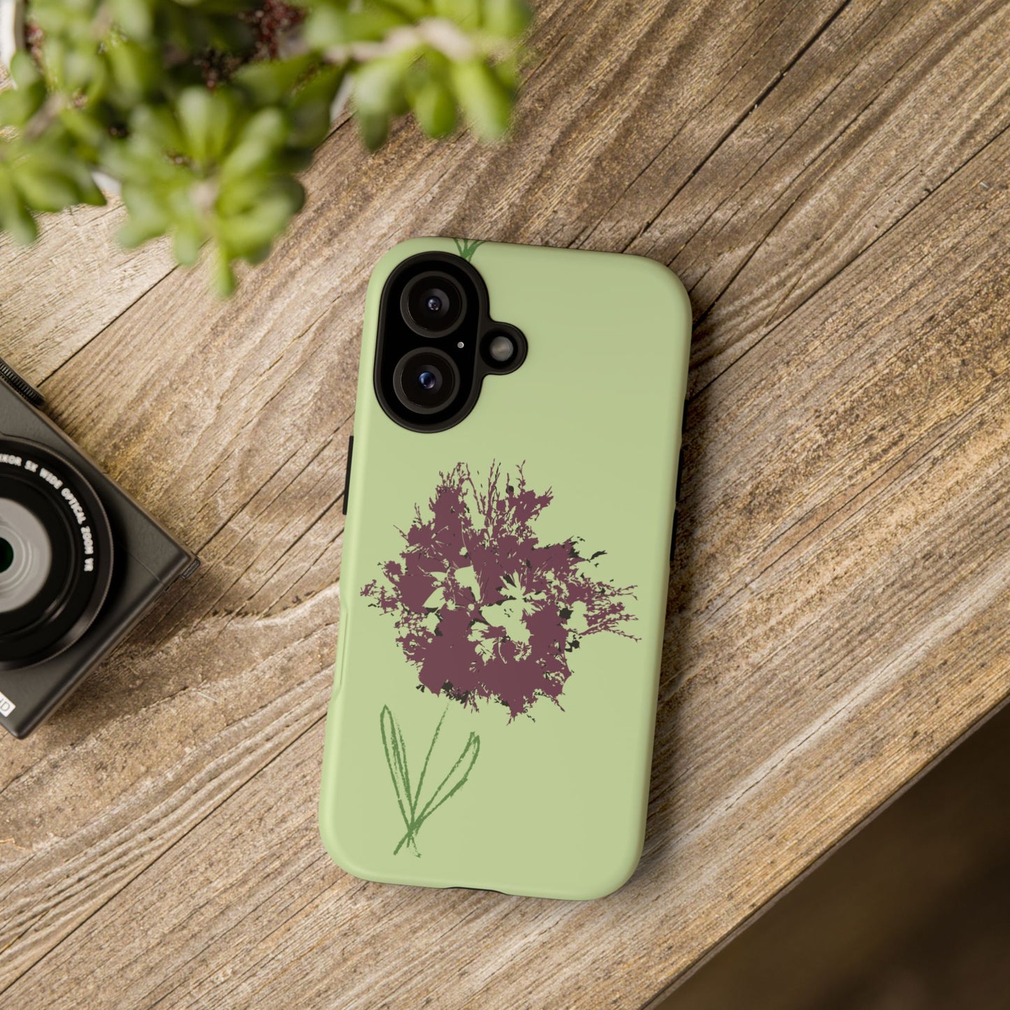 Light green phone case with artistic purple flower