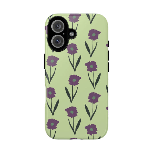 Handdrawn Floral Phone Case, Protective Phone Cover, Vibrant Colors, Green Purple Flowers, Hand-Drawn Design