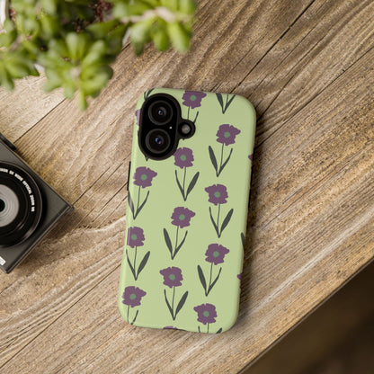 Handdrawn Floral Phone Case, Protective Phone Cover, Vibrant Colors, Green Purple Flowers, Hand-Drawn Design